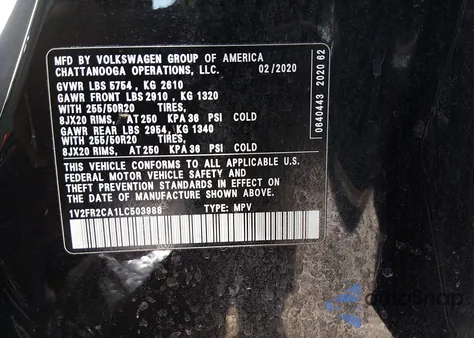 2020 Volkswagen Atlas 3.6L V6 Se W/Technology R-Line from USA, damaged, VIN 1V2FR2CA1LC503988